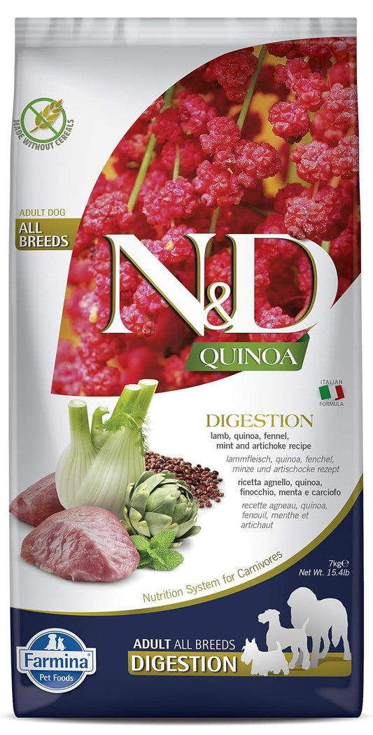 FARMINA N&D Quinoa Digestion Dry Dog Pet Food, Grain-Free, All Breed, Adult Dogs, 7 KG, Lamb Mint and Fennel