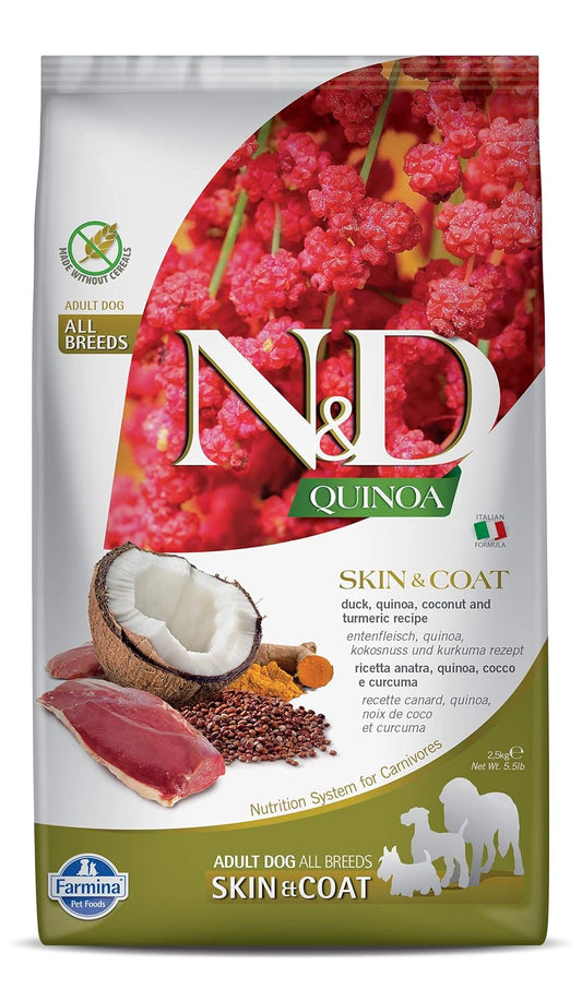 Farmina N&D Quinoa Skin & Coat Adult Dog Food, Grain-Free, Duck, Quinoa, Coconut & Turmeric, Supports Healthy Skin & Coat, for All Breed Dogs, 2.5 KG, No Artificial Preservatives