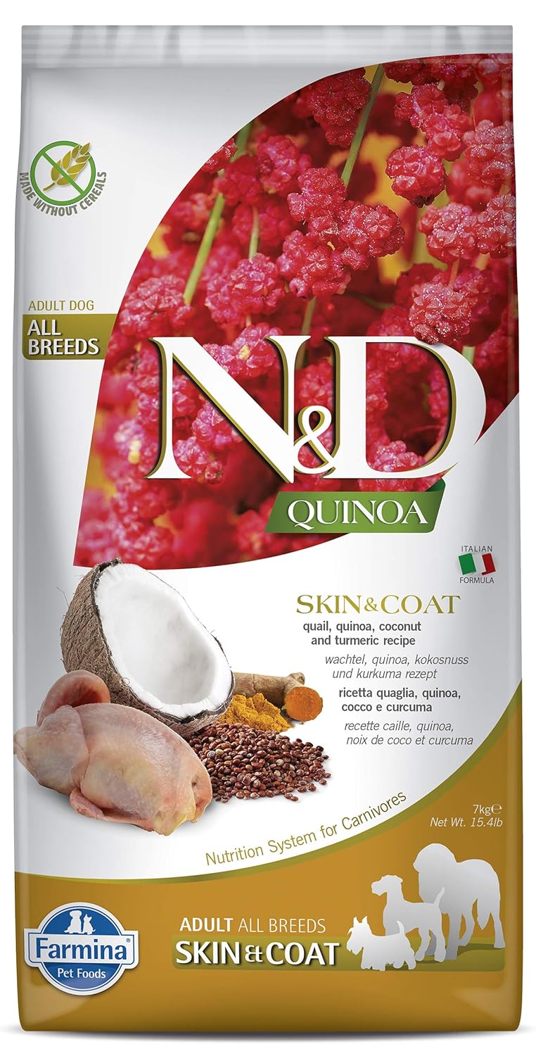 FARMINA N&D Quinoa Skin and Coat Dry Dog Food, Grain-Free, Adult Breed, 7 KG., Quail Coconut and Turmeric