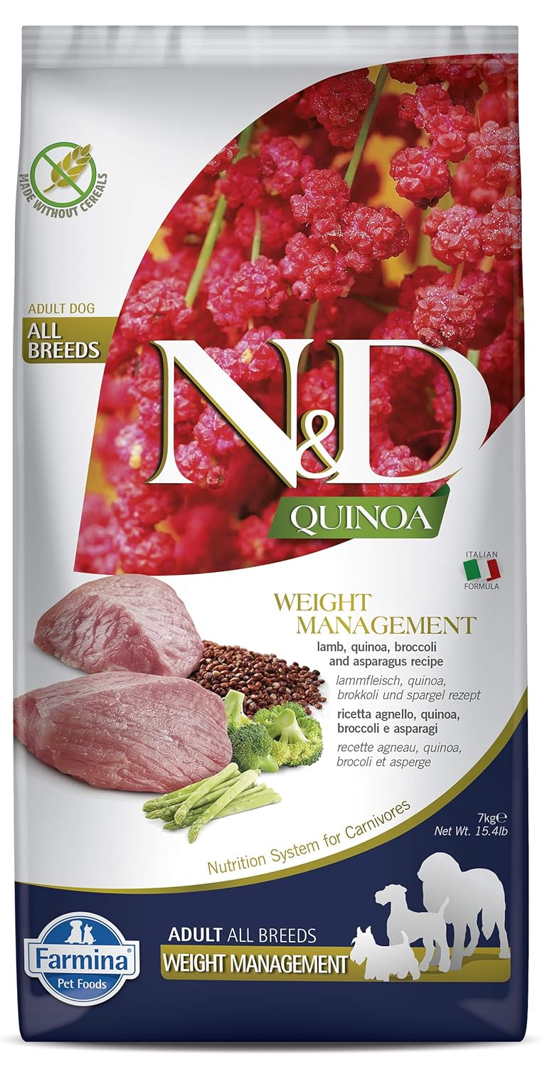 Farmina N&D Quinoa Dog Weight Management, Grain-Free, 7 KG, All Breed Dog Food, Lamb Broccoli and Asparagus