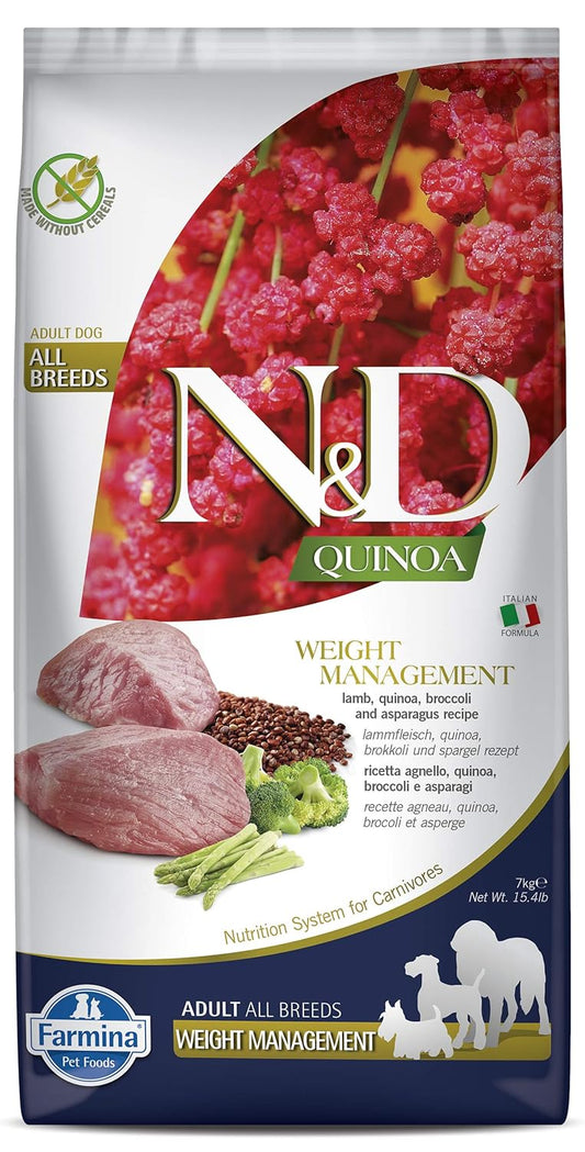Farmina N&D Quinoa Dog Weight Management, Grain-Free, 7 KG, All Breed Dog Food, Lamb Broccoli and Asparagus