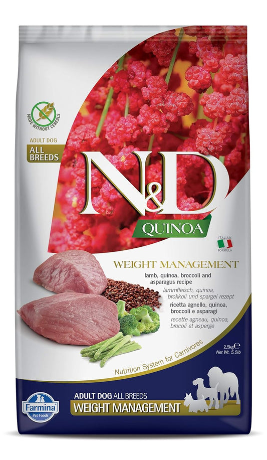 Farmina N&D Quinoa Dog Weight Management, Grain-Free, 2.5 KG, All Breed Dog Food, Lamb Broccoli and Asparagus