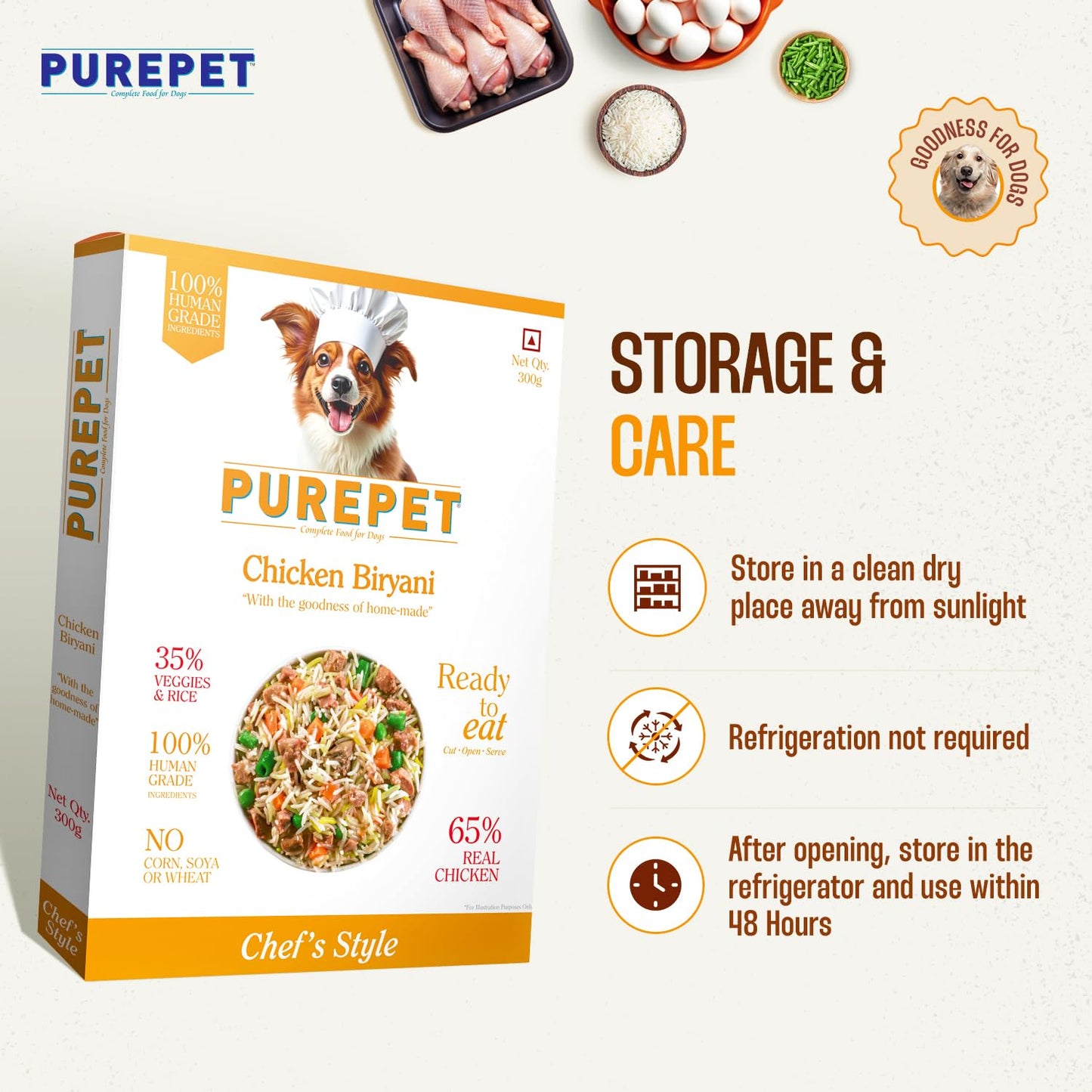 Purepet Fresh Dog Food 300 GMs, Chicken Biryani for Adults & Puppies, High Protein, 65% Real Chicken, 35% Veggies & Rice, No Preservatives, Ready to Serve, All Breeds, Single Meal Pack