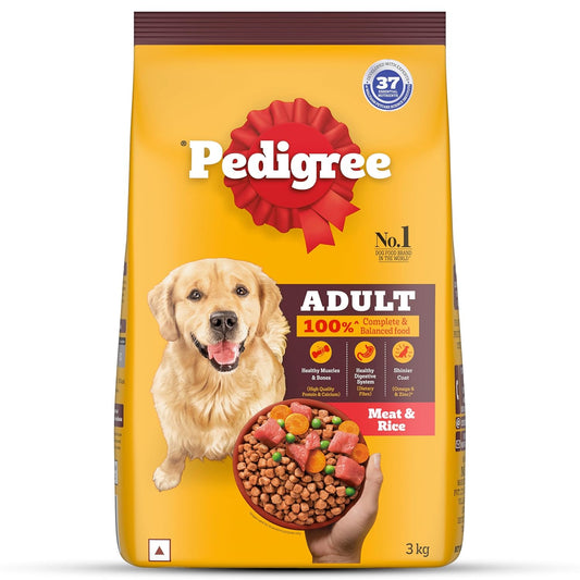 Pedigree Adult Dry Dog Food, Meat & Rice Flavour, 1 KG Pack, Contains 37 Essential Nutrients