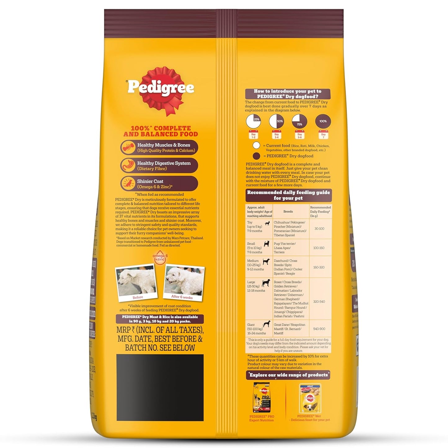 Pedigree Adult Dry Dog Food, Meat & Rice Flavour, 1 KG Pack, Contains 37 Essential Nutrients