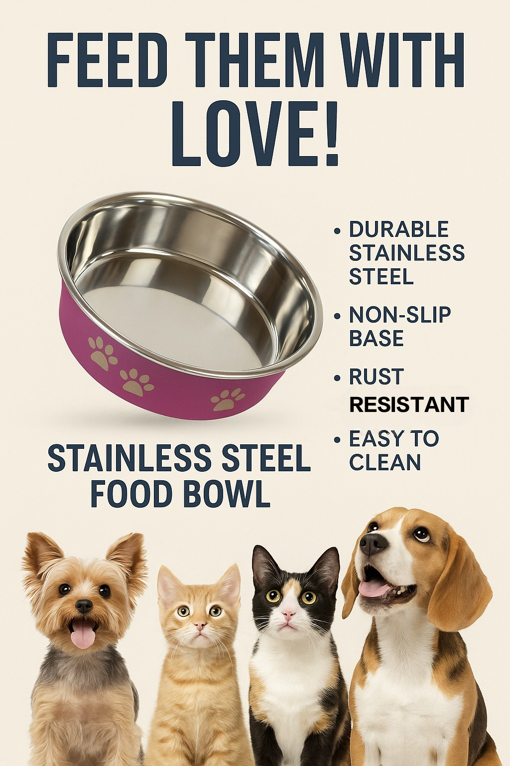 Fancy Stainless Steel Food / Water Pet Bowl,  with Non-Slip Base, 850 ML Capacity Suitable for Small Breeds