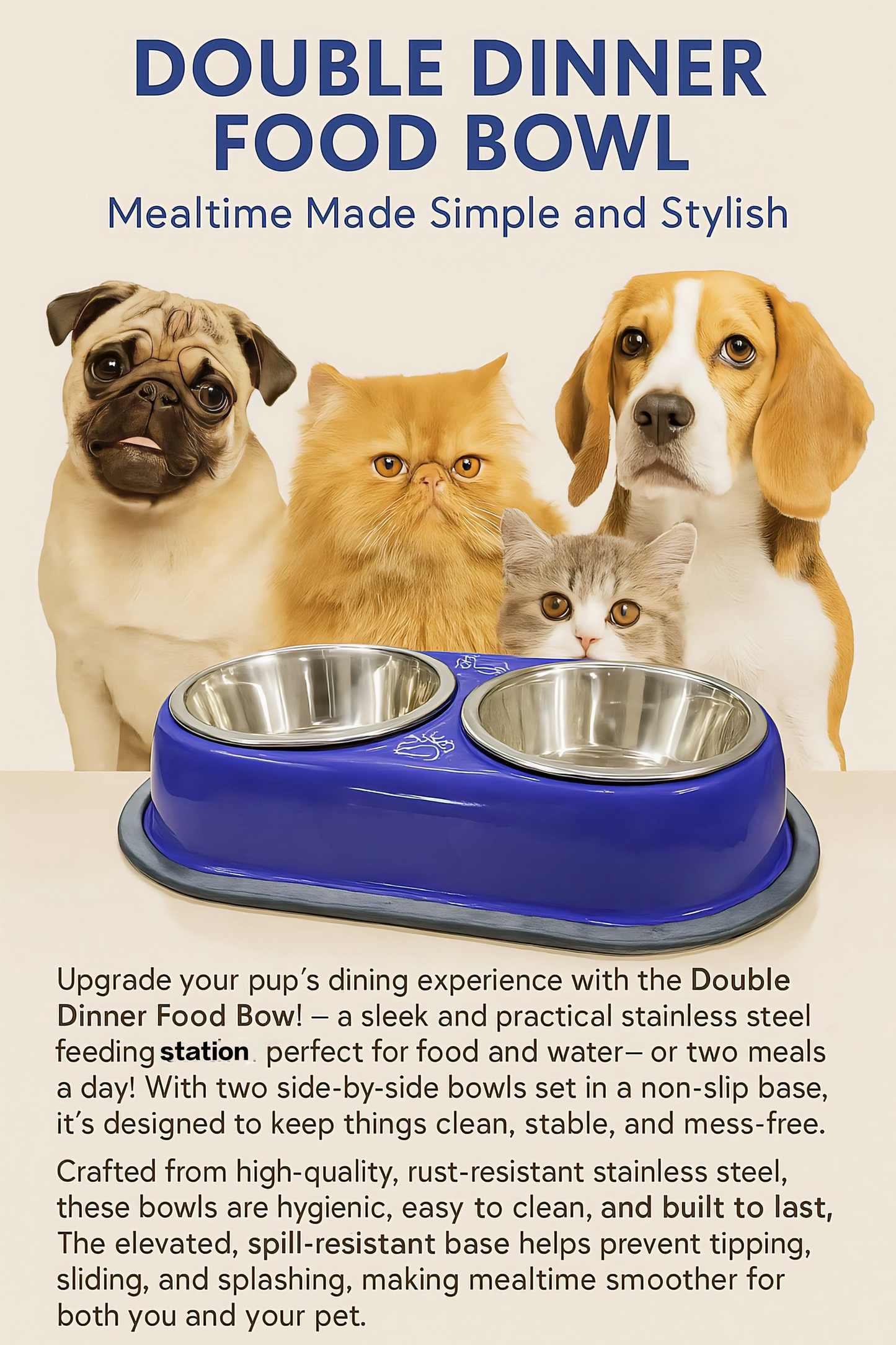 Printed Double Bowl for Pet Food and Water with Stainless Steel, Medium Size