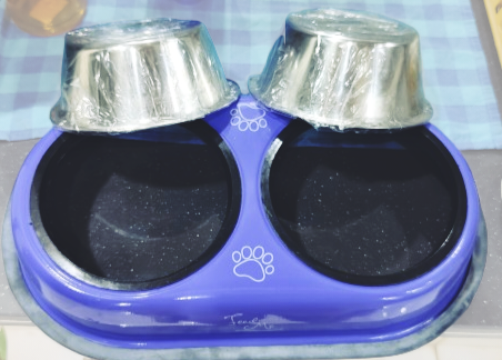 Printed Double Bowl for Pet Food and Water with Stainless Steel, Medium Size