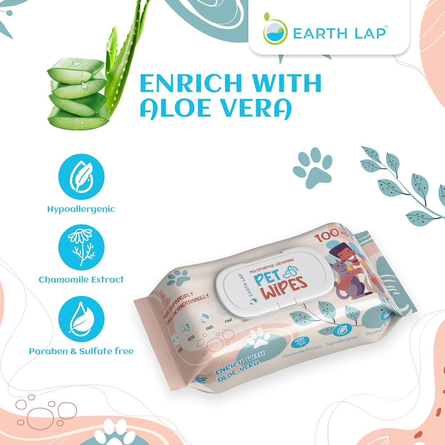 Earth Lap Premium Pet Wipes 100% Bio-degradable Premium Wipes - 1 Pack of 100 Wipes