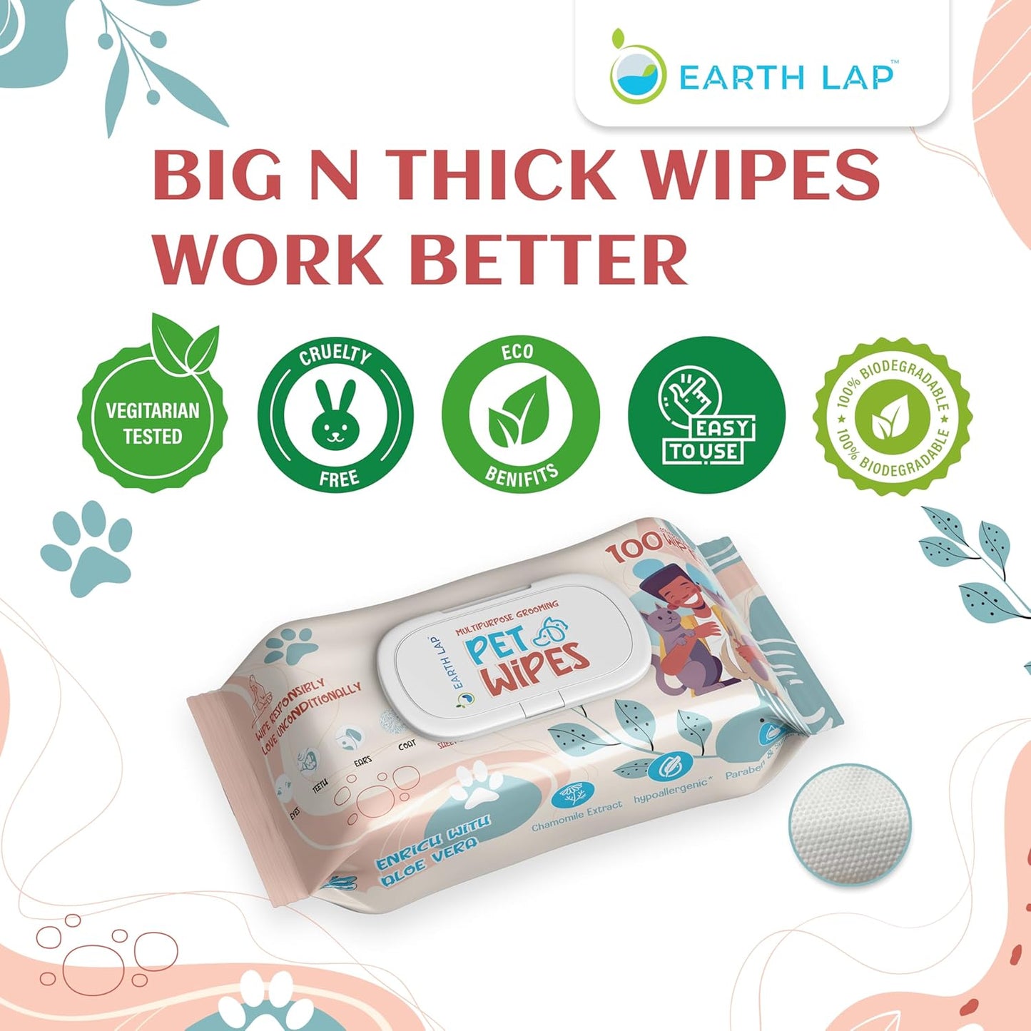 Earth Lap Premium Pet Wipes 100% Bio-degradable Premium Wipes - 1 Pack of 100 Wipes