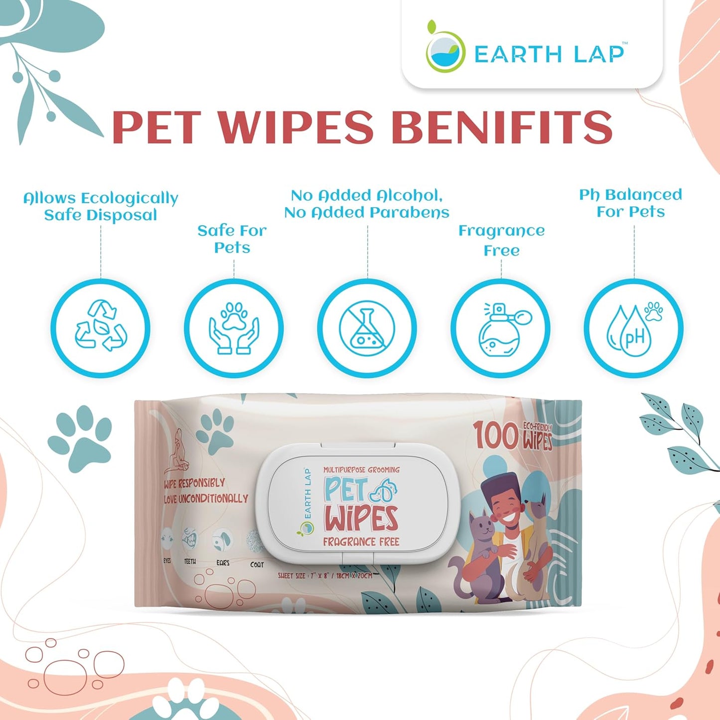 Earth Lap Premium Pet Wipes 100% Bio-degradable Premium Wipes - 1 Pack of 100 Wipes