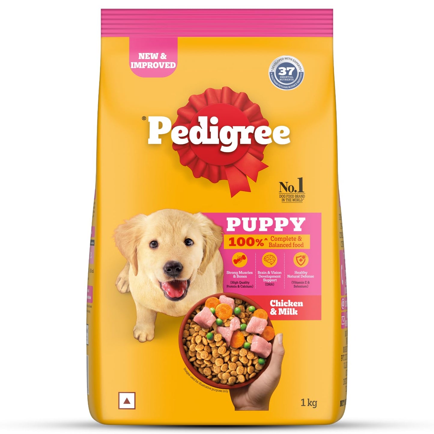 Pedigree Puppy Dry Dog Food, Chicken & Milk, 1 KG Pack, Contains 37 Essential Nutrients