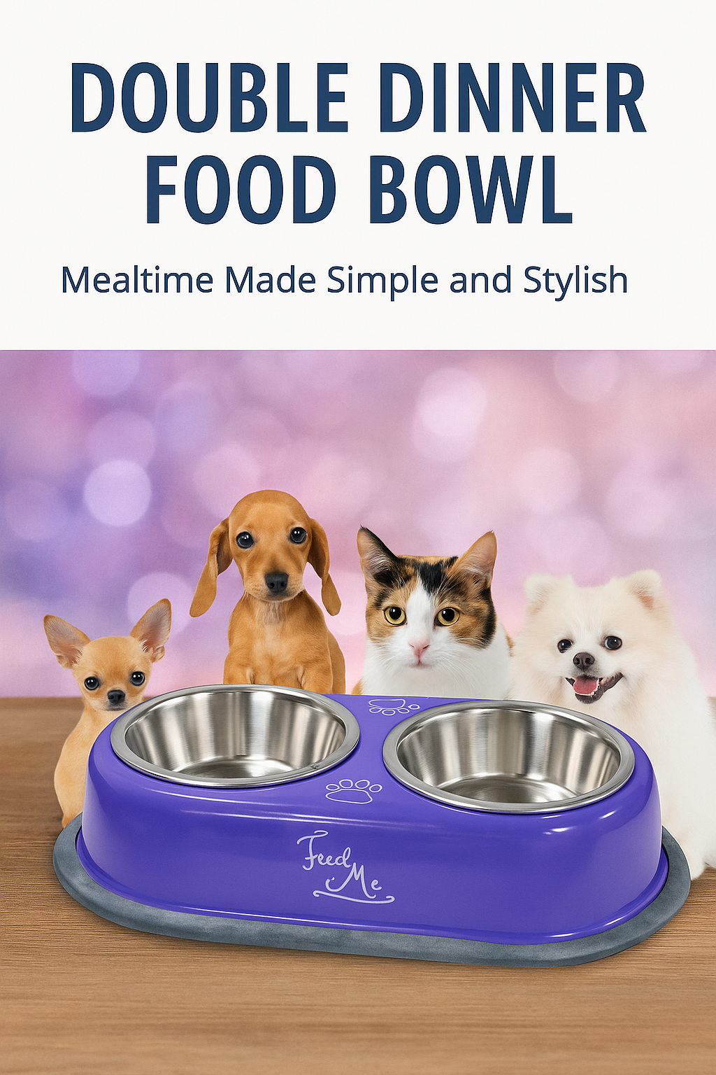 Printed Double Bowl for Pet Food and Water with Stainless Steel, Medium Size