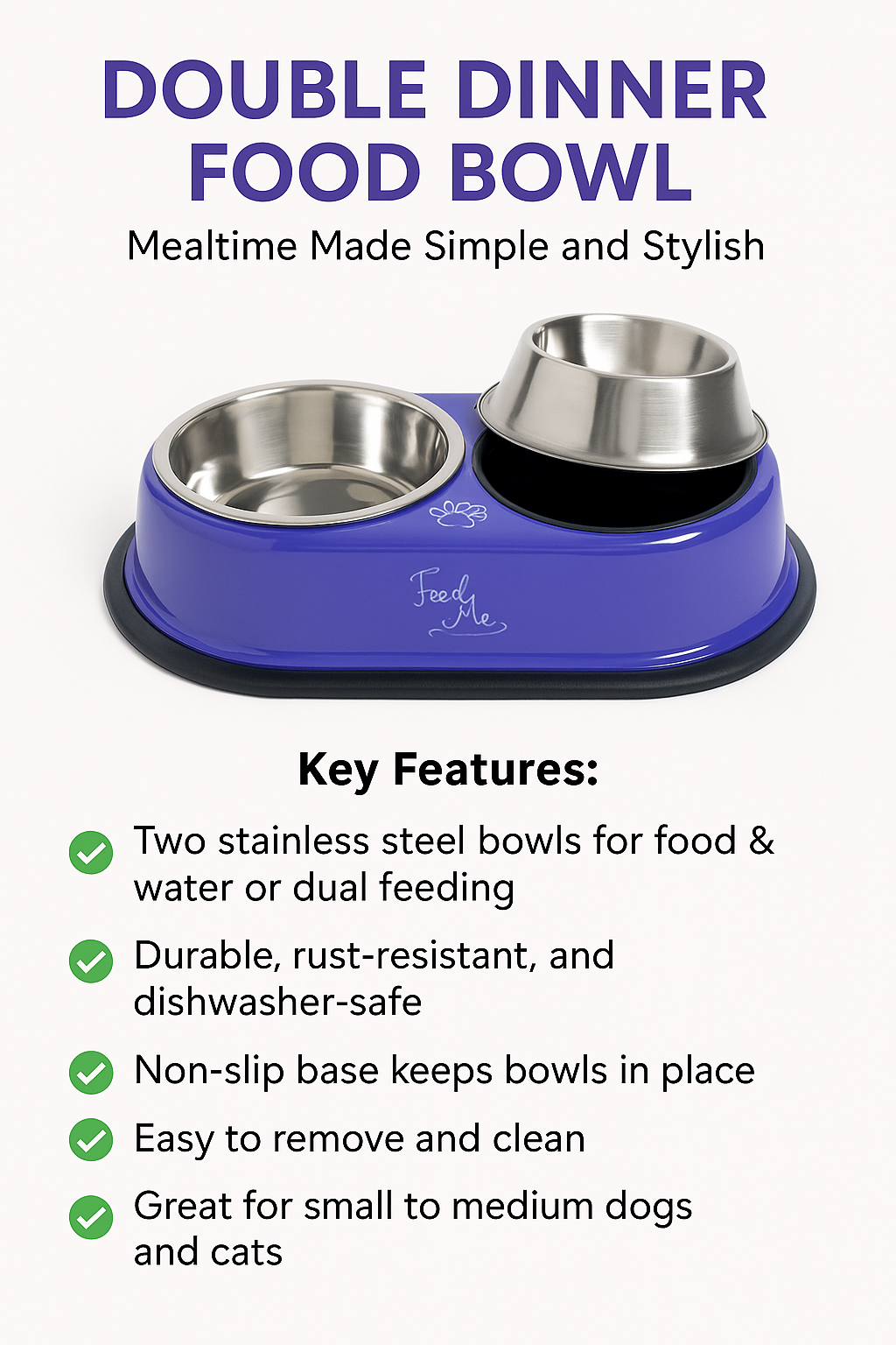 Printed Double Bowl for Pet Food and Water with Stainless Steel, Medium Size