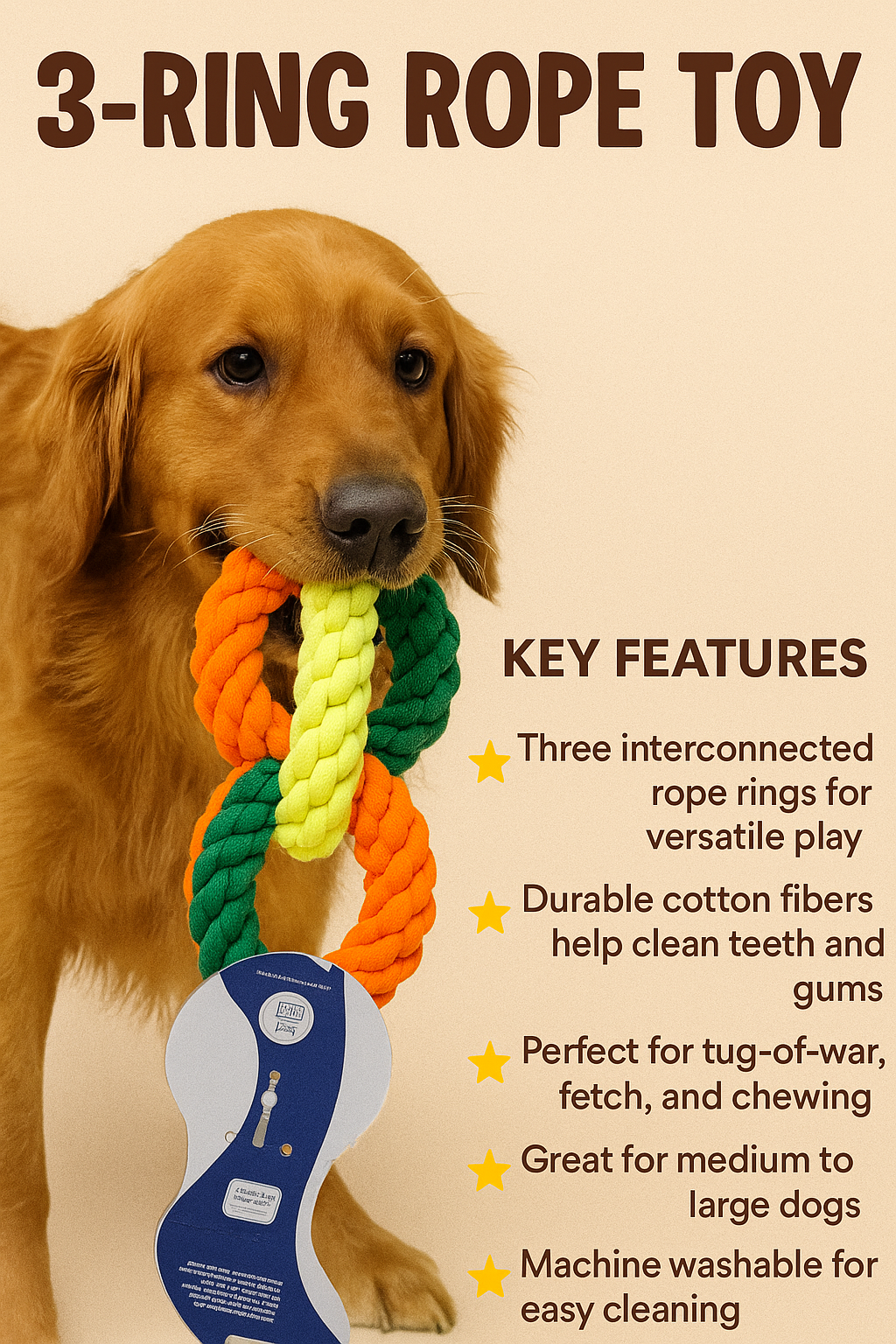 Triple Ring Rope Dog Toy Large, Export Quality, Interactive Chew and Tug Toy