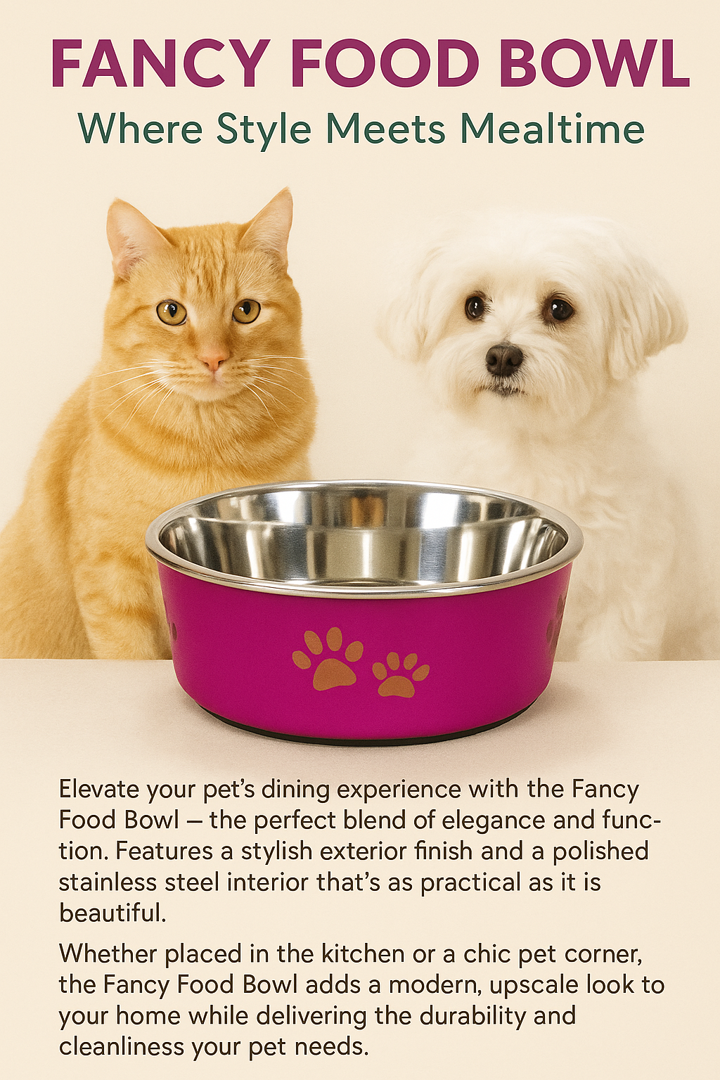 Fancy Stainless Steel Food / Water Pet Bowl,  with Non-Slip Base, 850 ML Capacity Suitable for Small Breeds